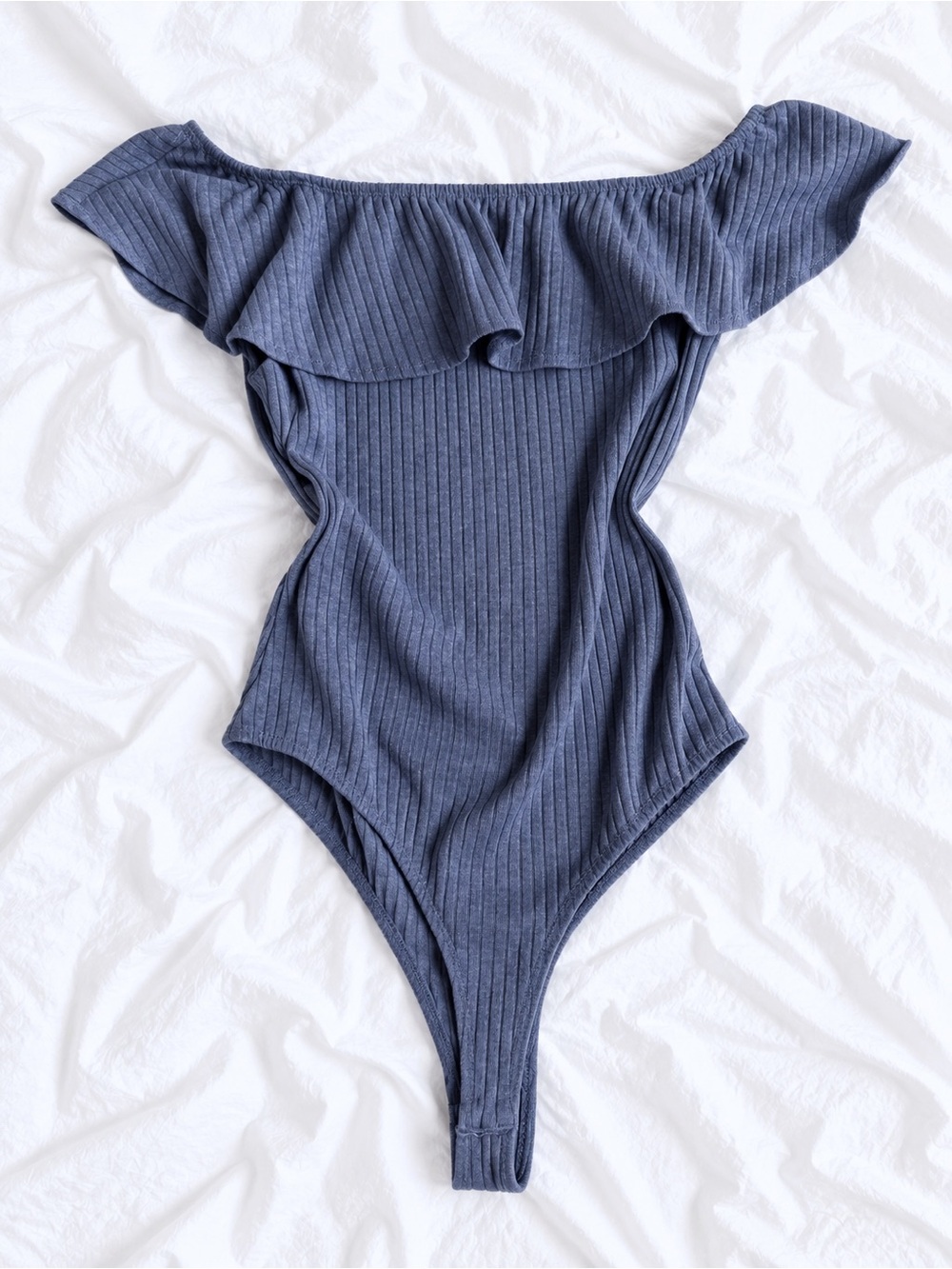 Kendall & Kylie Ribbed Off-Shoulder One-Piece in Navy Blue